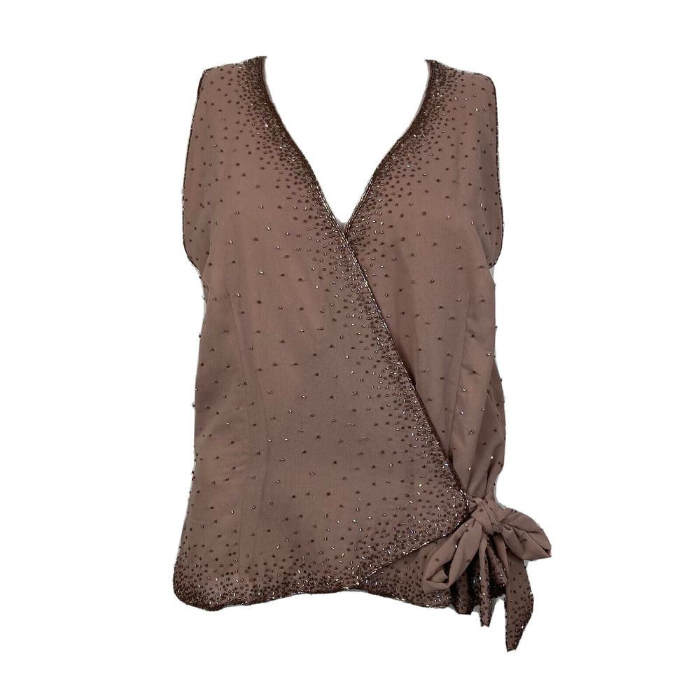 Alfred Angelo Shirt Women Sz 20 Taupe‎ Brown Chiffon V-Neck Wrap Beaded Blouse